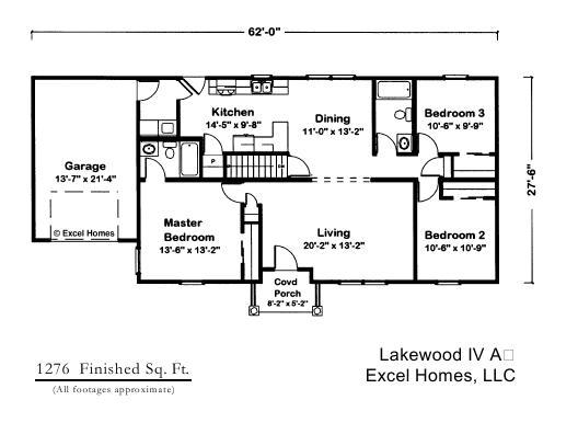 Lakewood 4A | 1309 Square Foot Ranch Floor Plan